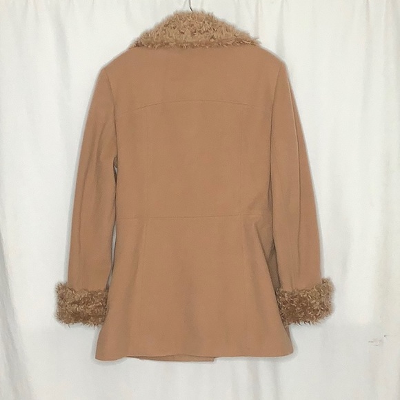 Vintage Esprit Penny Lane Style Tan Wool Coat With Faux Fur Trim Size L - Picture 2 of 16